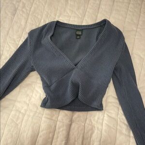 Blue Ribbed Wrap Top